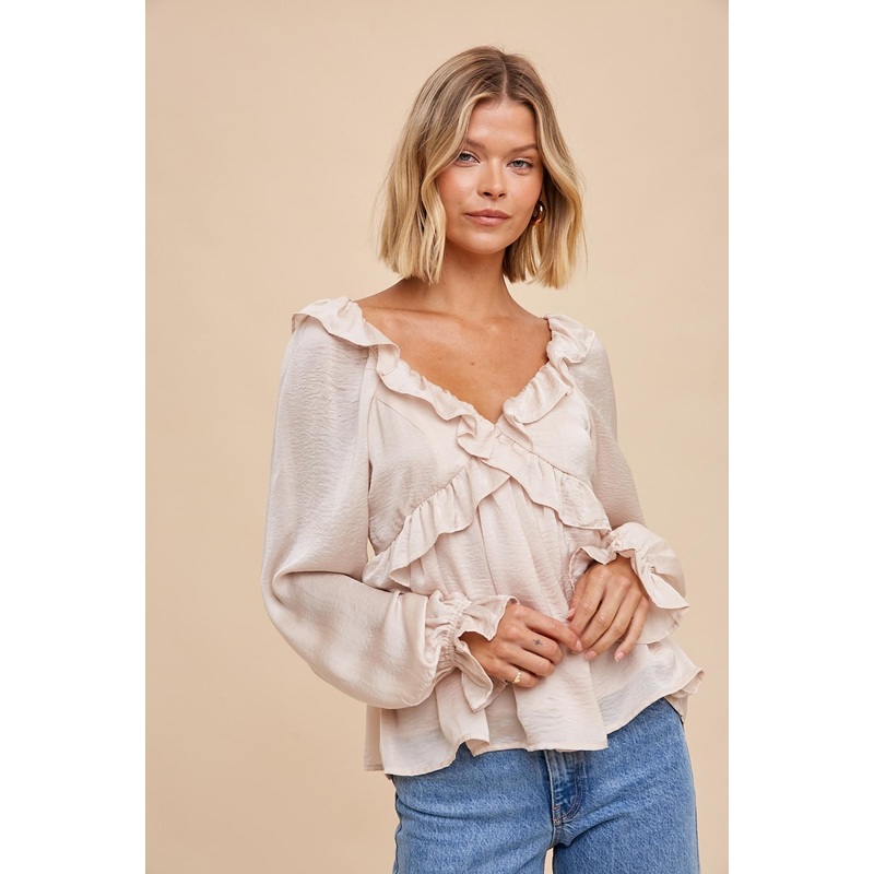 Almond Washed Satin Cross Ruffled Long Sleeve Blouse