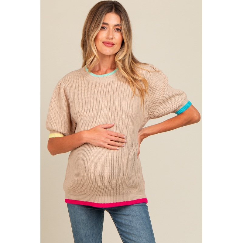 Beige Contrast Band Maternity Sweater