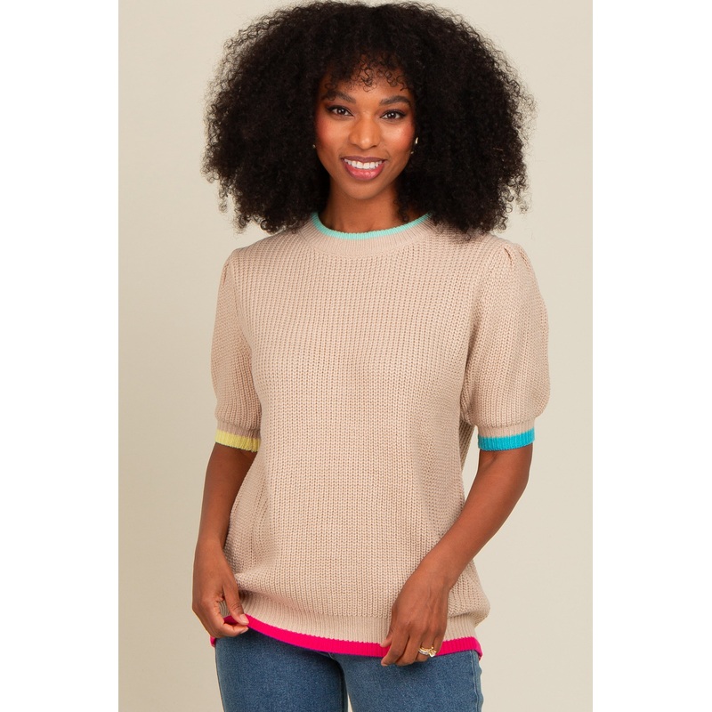 Beige Contrast Band Sweater