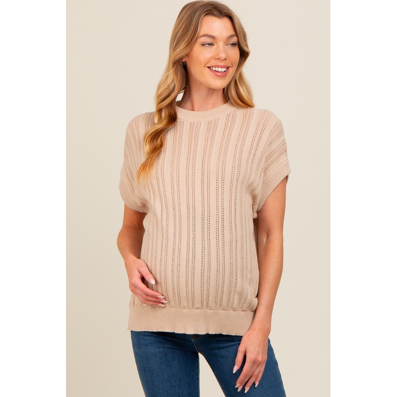 Beige Crochet Knit Short Sleeve Sweater Maternity Top