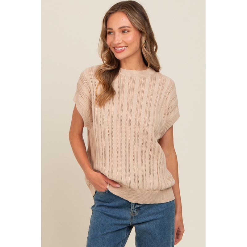 Beige Crochet Knit Short Sleeve Sweater Top