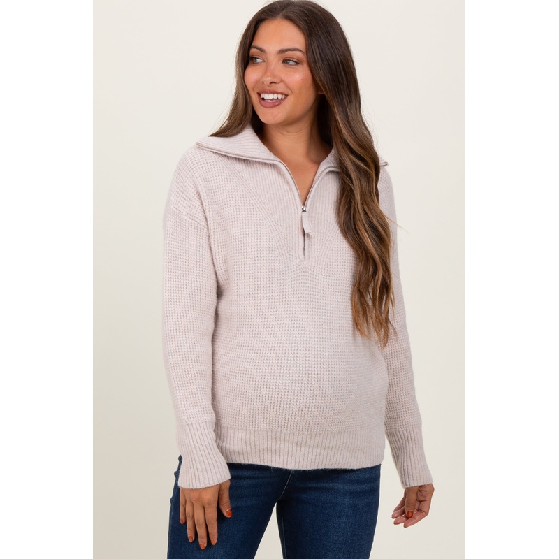 Beige Half Zip Maternity Pullover Sweater