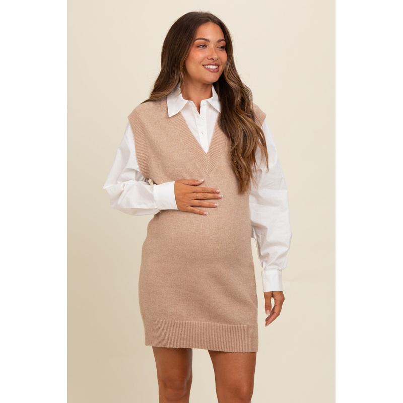 Beige Layered Sweater Shirt Maternity Mini Dress