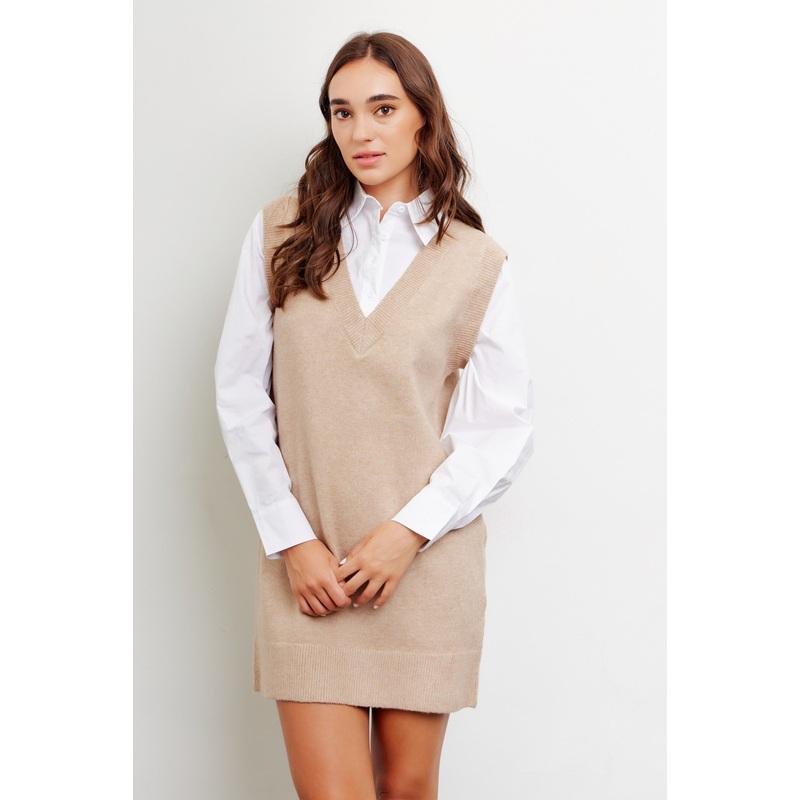 Beige Layered Sweater Shirt Mini Dress