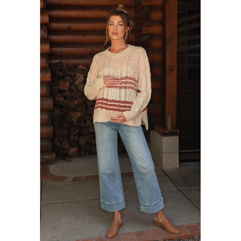 Beige Mixed Cable Knit Striped Maternity Sweater
