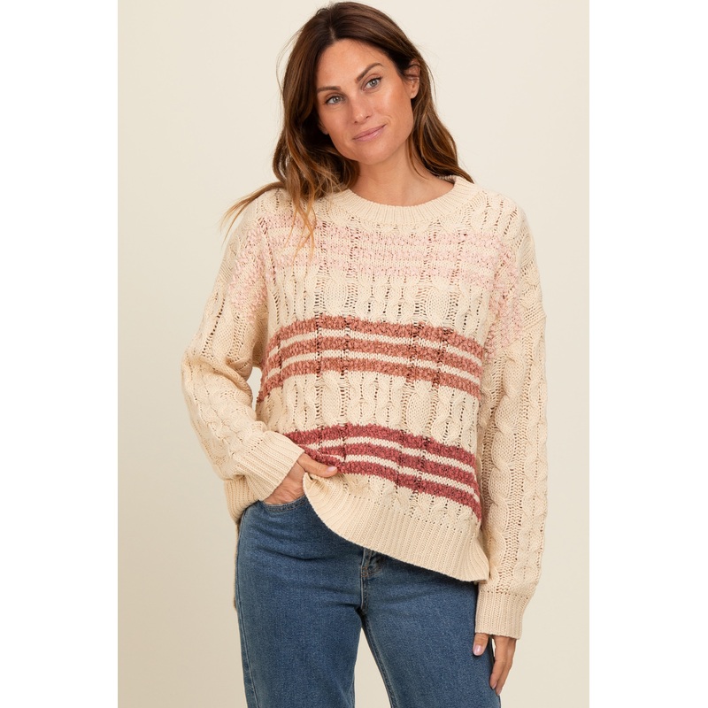 Beige Mixed Cable Knit Striped Sweater