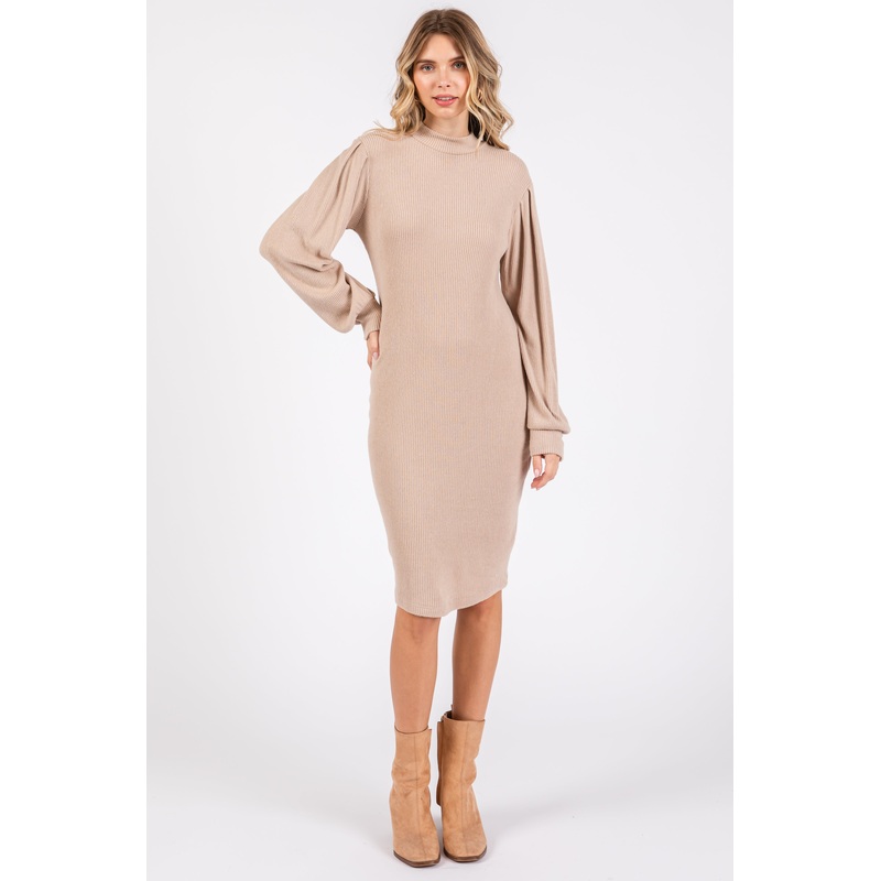 Beige Ribbed Long Sleeve Mock Neck Dress