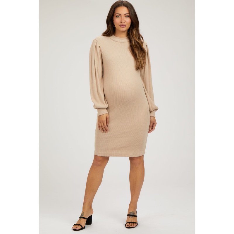 Beige Ribbed Long Sleeve Mock Neck Maternity Dress