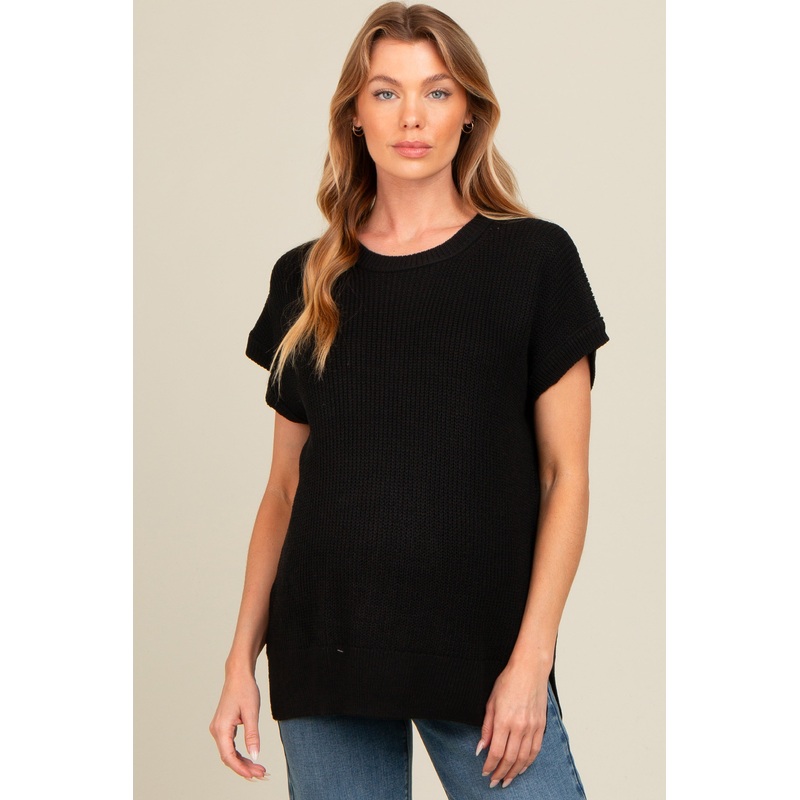 Black Dolman Short Sleeve Side Slit Maternity Sweater Top
