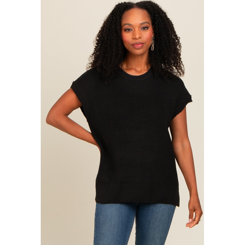 Black Dolman Short Sleeve Side Slit Sweater Top