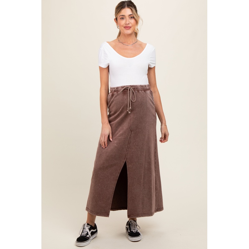Brown Terry Drawstring Maternity Midi Skirt