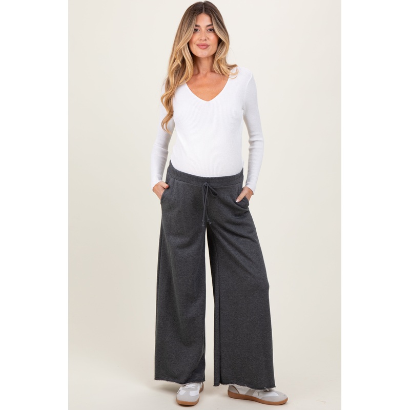 Charcoal French Terry Raw Edge Maternity Wide Leg Pants