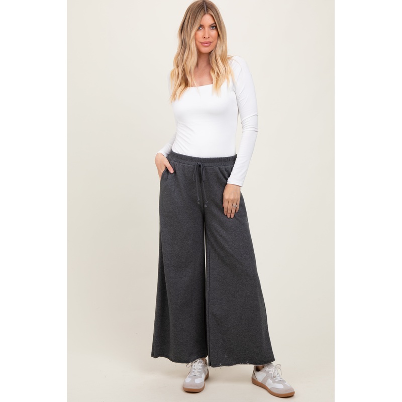 Charcoal French Terry Raw Edge Wide Leg Pants