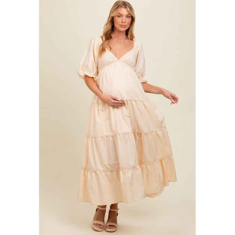 Cream Deep V-Neck Tiered Maternity Maxi Dress