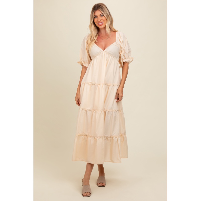 Cream Deep V-Neck Tiered Maxi Dress