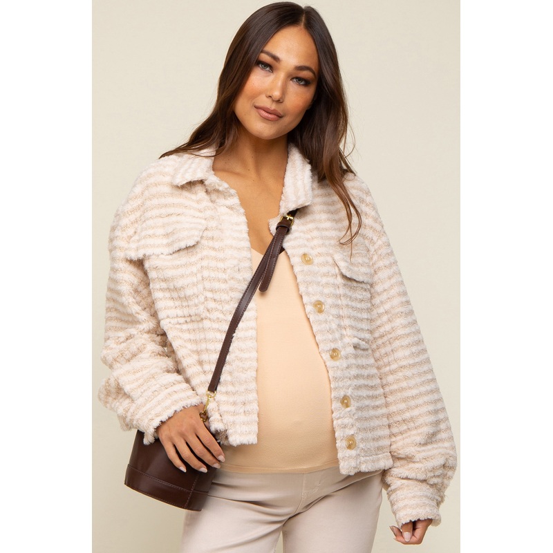 Cream Fuzzy Front Pocket Maternity Jacket