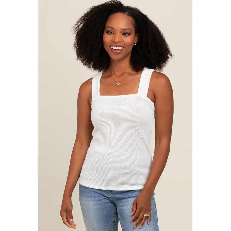 Ivory Ribbed Square Neck Tank Top