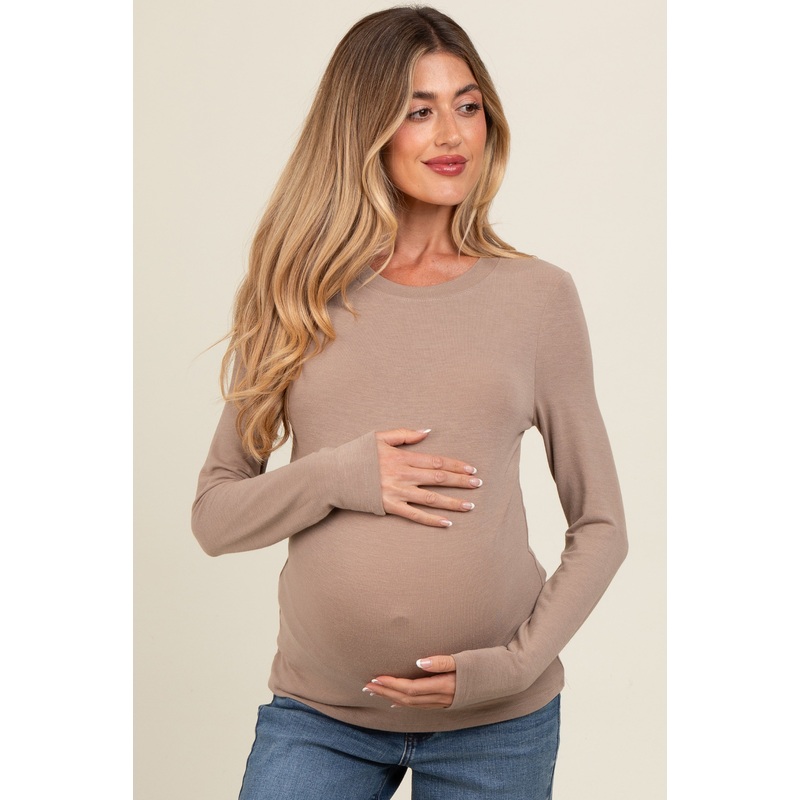 Mocha Basic Fitted Maternity Long Sleeve Top