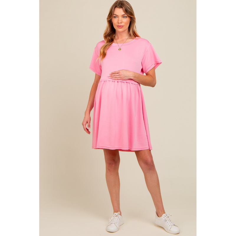 Pink Cut Edge Short Sleeve Maternity Dress