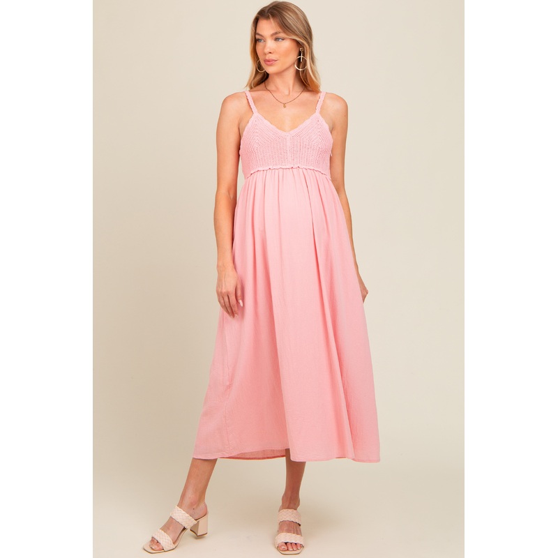 Pink V-Neck Crochet Top Maternity Midi Dress