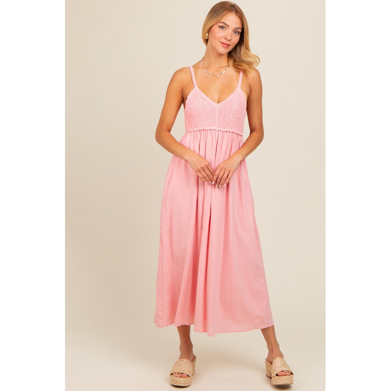 Pink V-Neck Crochet Top Midi Dress