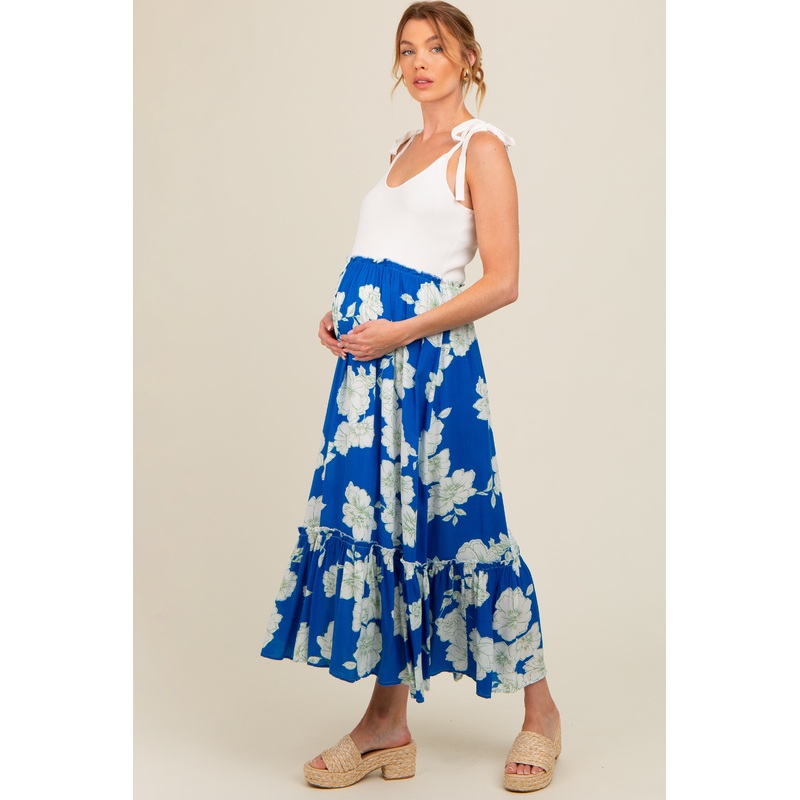 Royal Blue Floral Colorblock Maternity Midi Dress