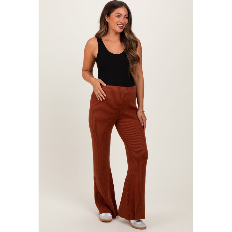 Rust Ribbed Knit Maternity Flare Pants