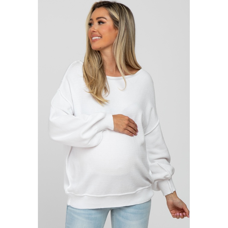 White Boat Neck Bubble Sleeve Maternity Sweater
