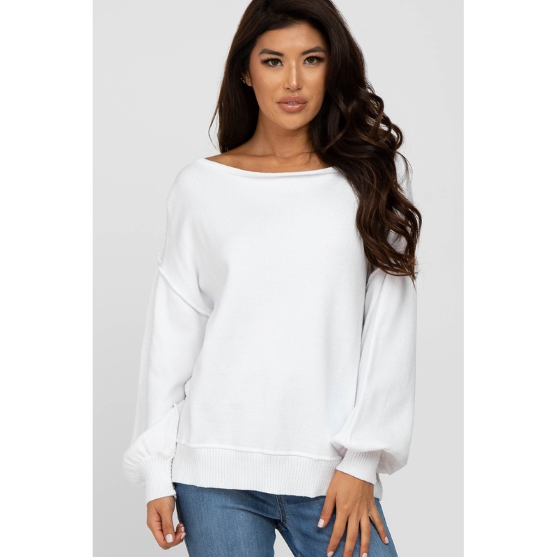 White Boat Neck Bubble Sleeve Sweater
