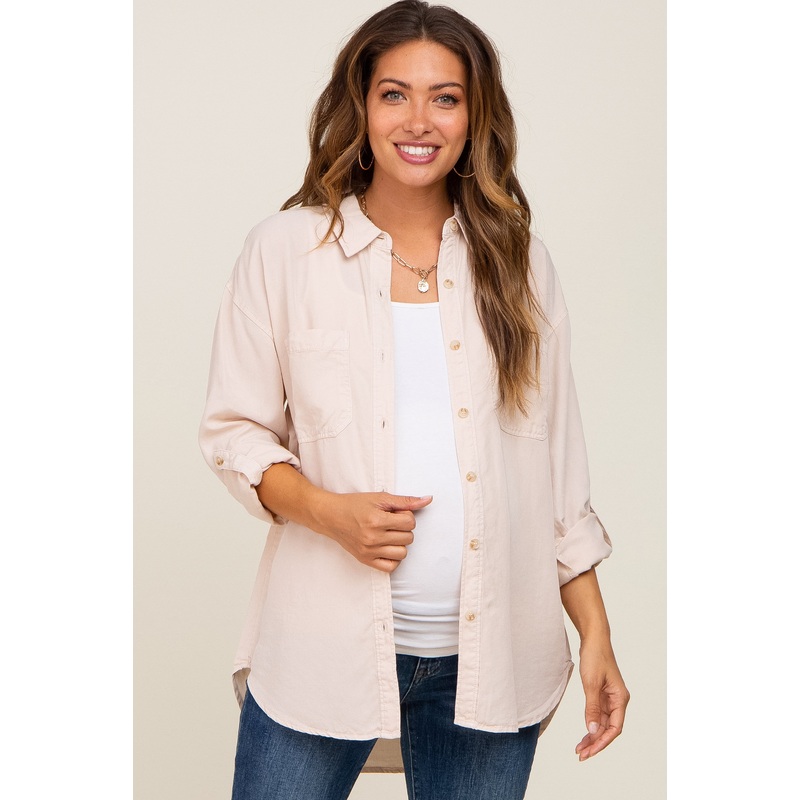 Beige Button Down Maternity Top