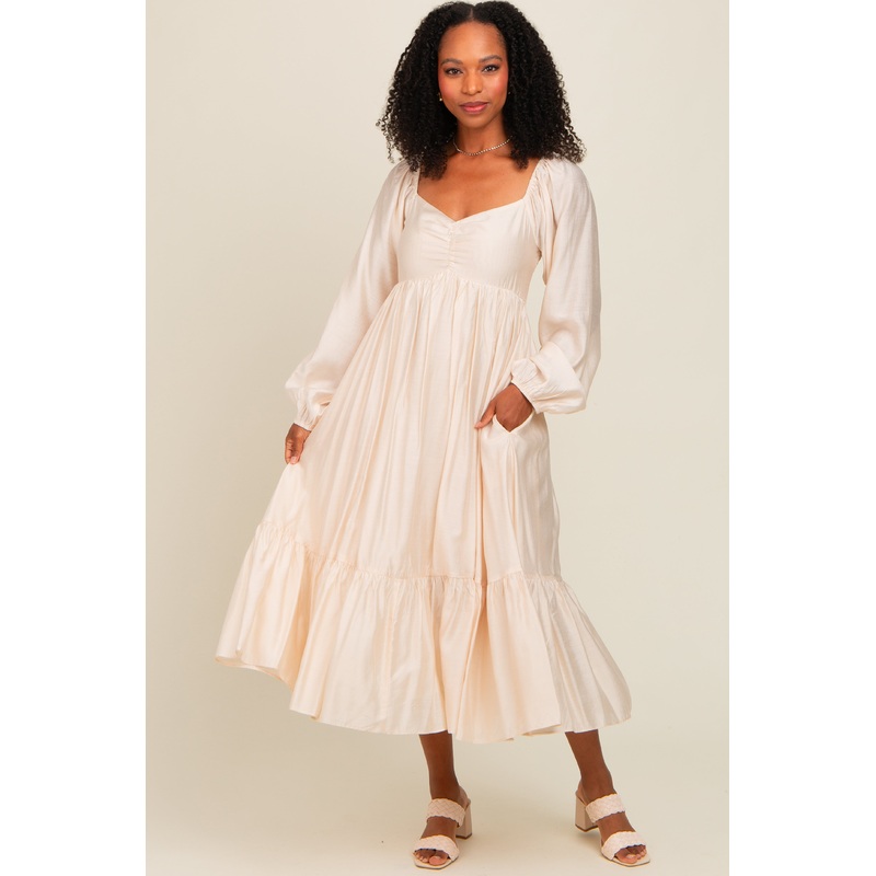 Beige Front Ruched Babydoll Midi Dress