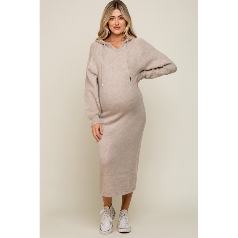 Beige Hooded Maternity Sweater Midi Dress