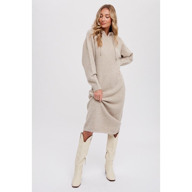 Beige Hooded Sweater Midi Dress