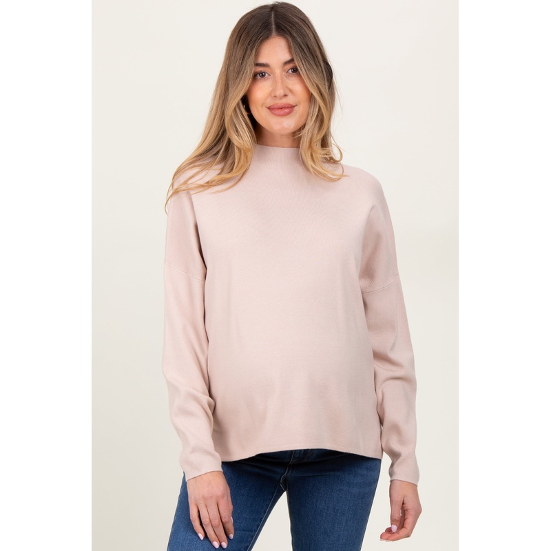 Beige Relaxed Fit Mock Neck Maternity Sweater