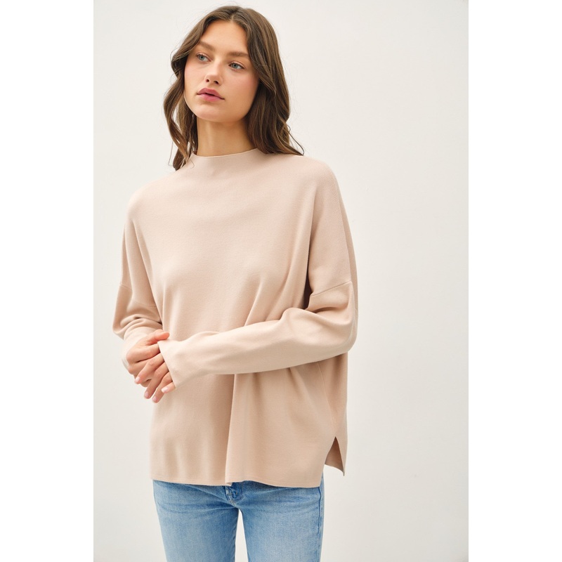 Beige Relaxed Fit Mock Neck Sweater