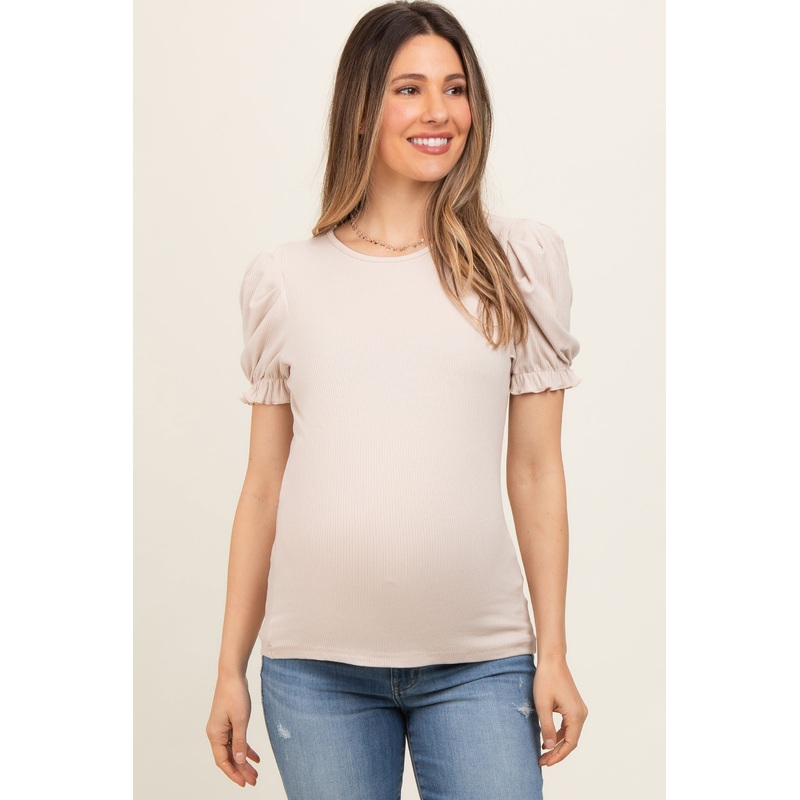 Beige Ribbed Puff Sleeve Maternity Top