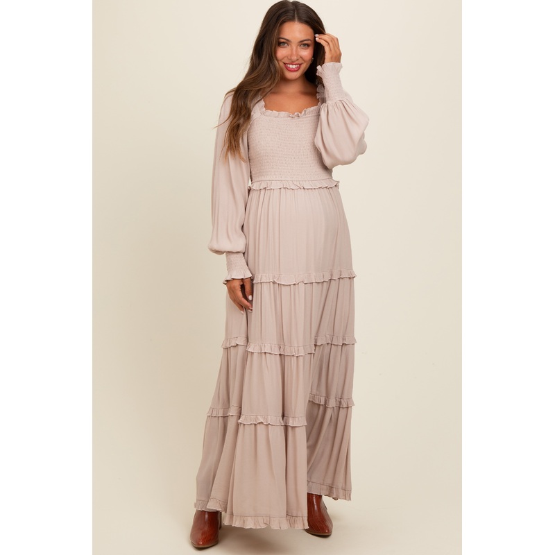 Beige Smocked Long Sleeve Ruffle Tiered Maternity Maxi Dress