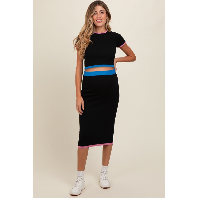 Black Colorblock Crop Top and Skirt Maternity Set