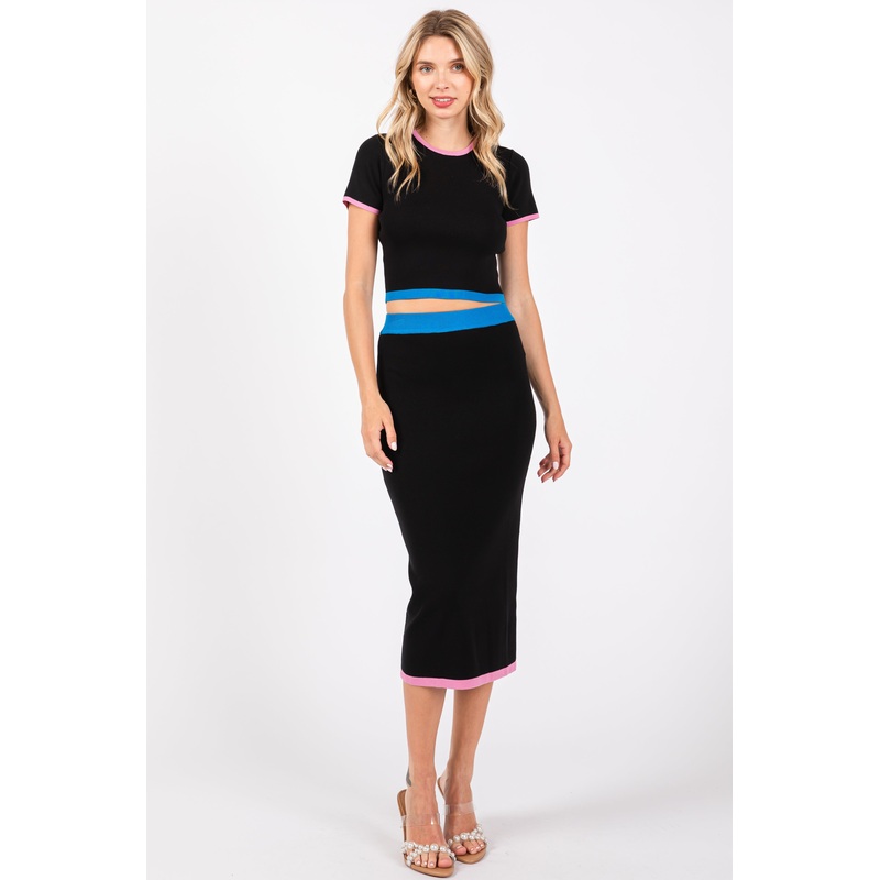 Black Colorblock Crop Top and Skirt Set