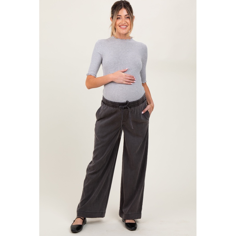 Black Vintage Wash Chambray Maternity Wide Leg Pants