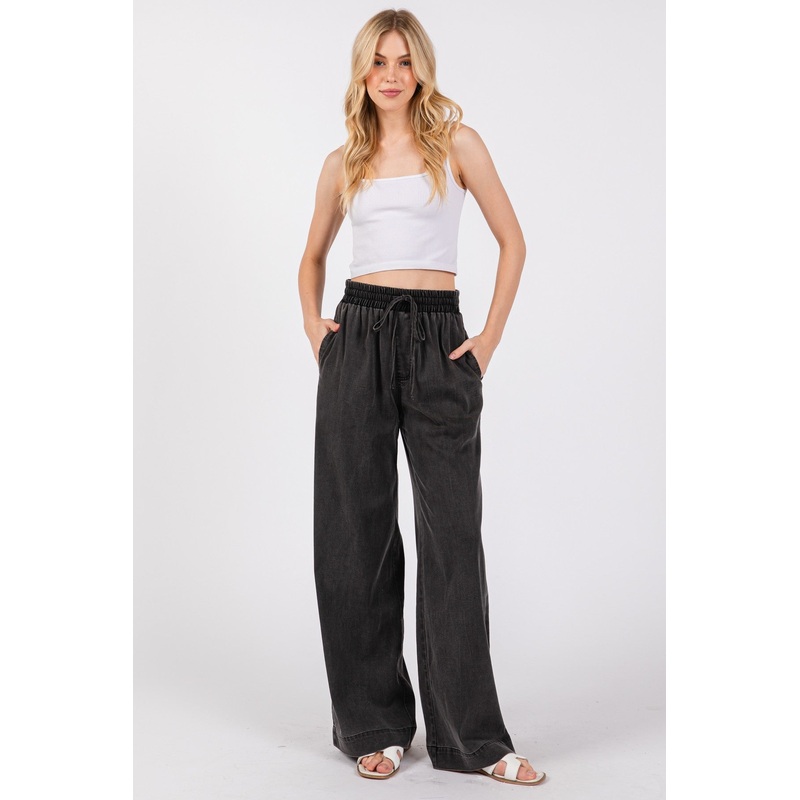 Black Vintage Wash Chambray Wide Leg Pants