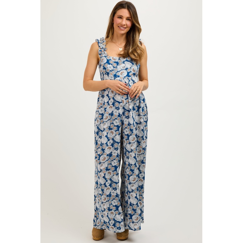 Blue Floral Sleeveless Tie Back Maternity Jumpsuit