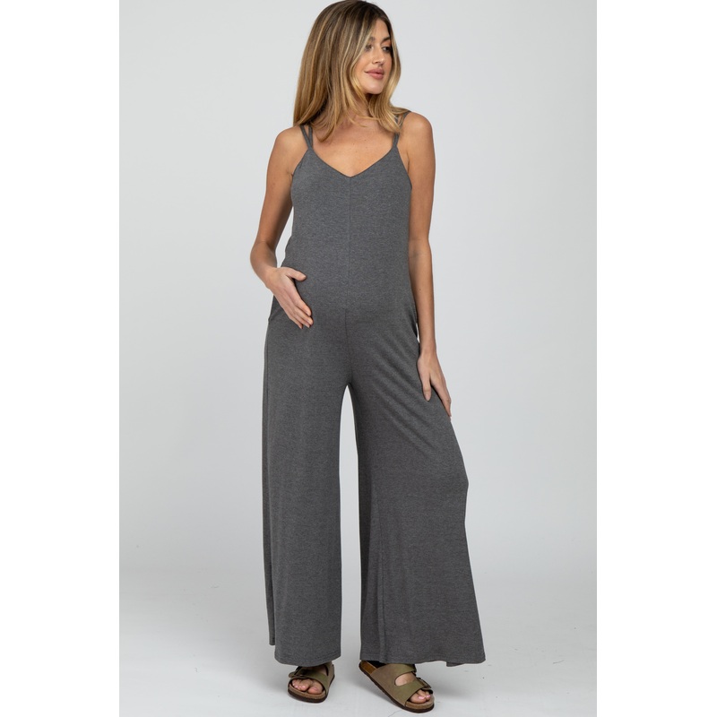 Charcoal Cross Back Wide Leg Maternity Jumpsuit