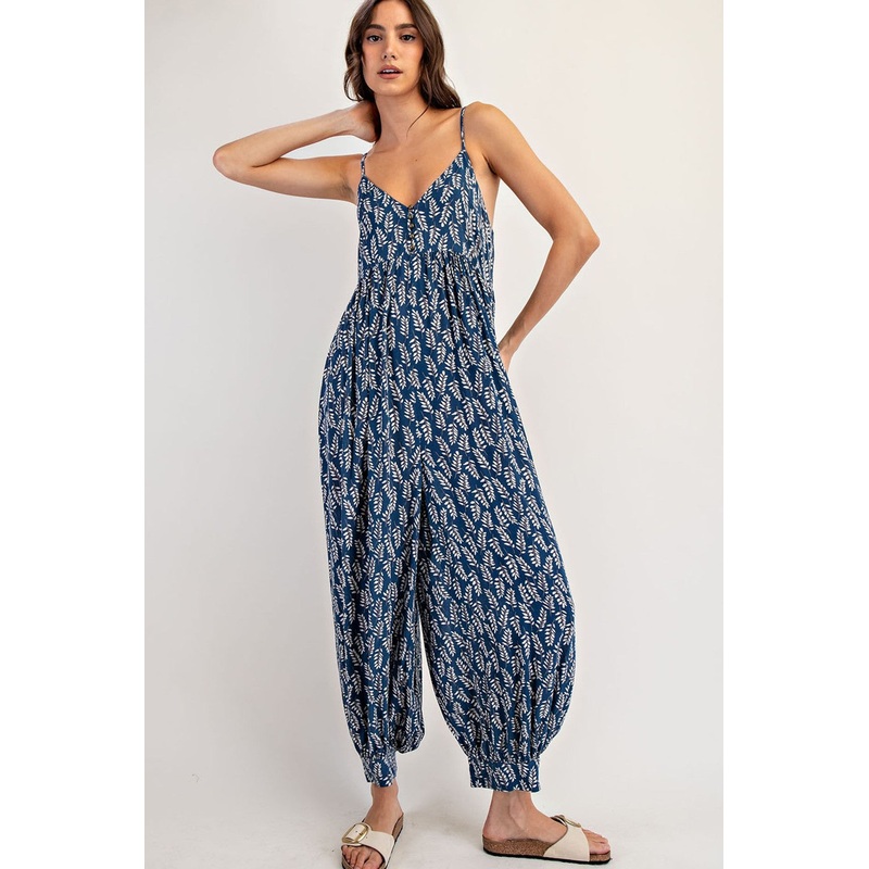 Navy Leaf Print Sleeveless Barrel Leg Jumpsuit