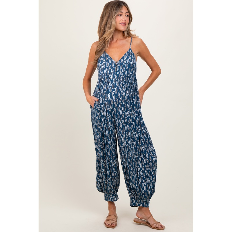 Navy Leaf Print Sleeveless Barrel Leg Maternity Jumpsuit