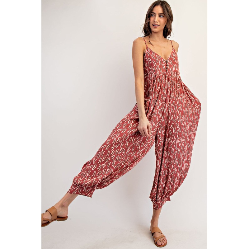 Rust Leaf Print Sleeveless Barrel Leg Jumpsuit