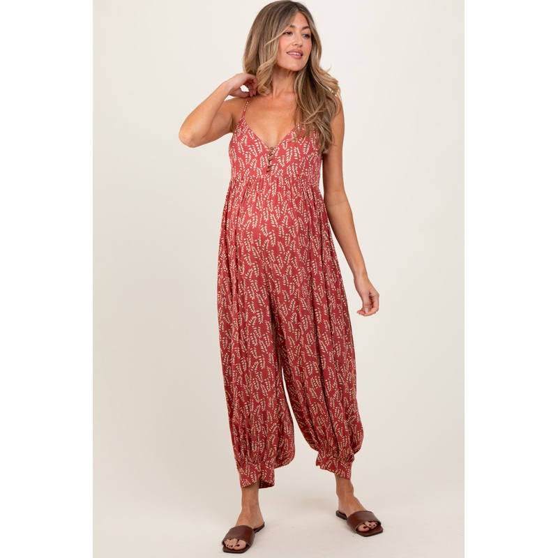 Rust Leaf Print Sleeveless Barrel Leg Maternity Jumpsuit
