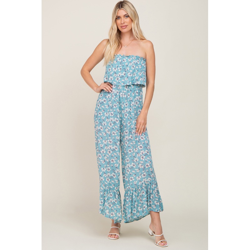 Aqua Floral Strapless Ruffle Jumpsuit