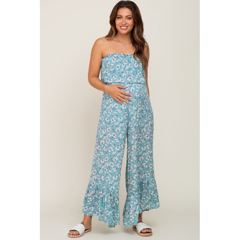 Aqua Floral Strapless Ruffle Maternity Jumpsuit