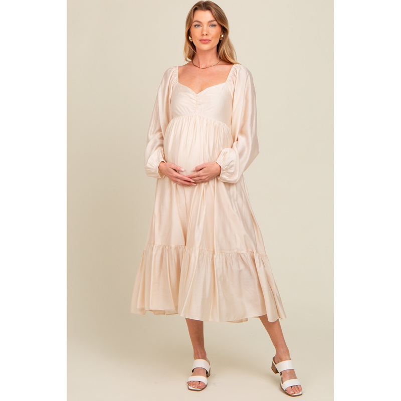 Beige Front Ruched Babydoll Maternity Midi Dress